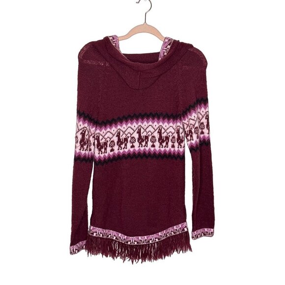 Elegant Burgundy V-Neck Sweater with Fringe - Picture 2 of 8